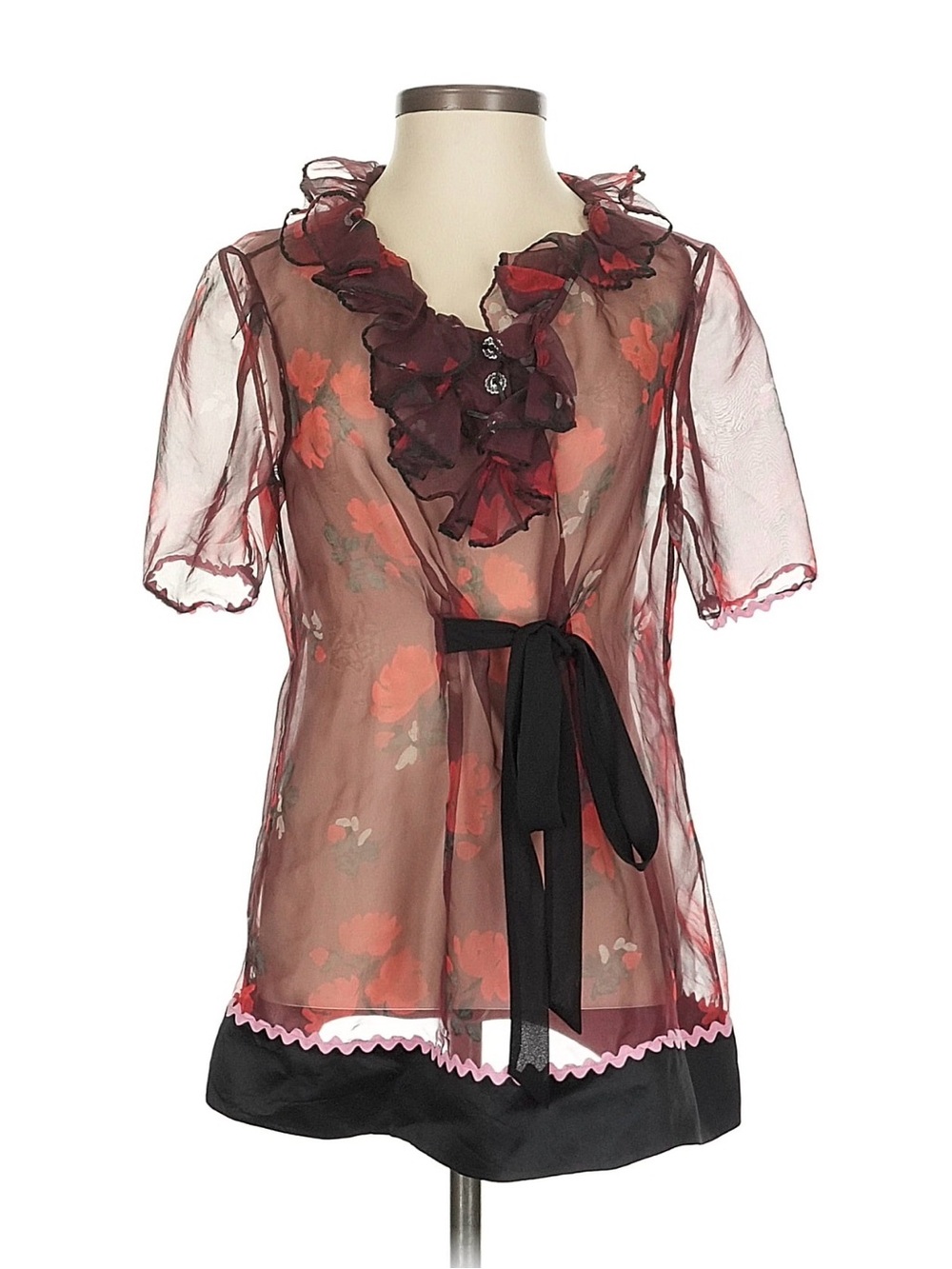 Coach Sheer Burgundy Blouse with Coral Floral Print and Black Sash